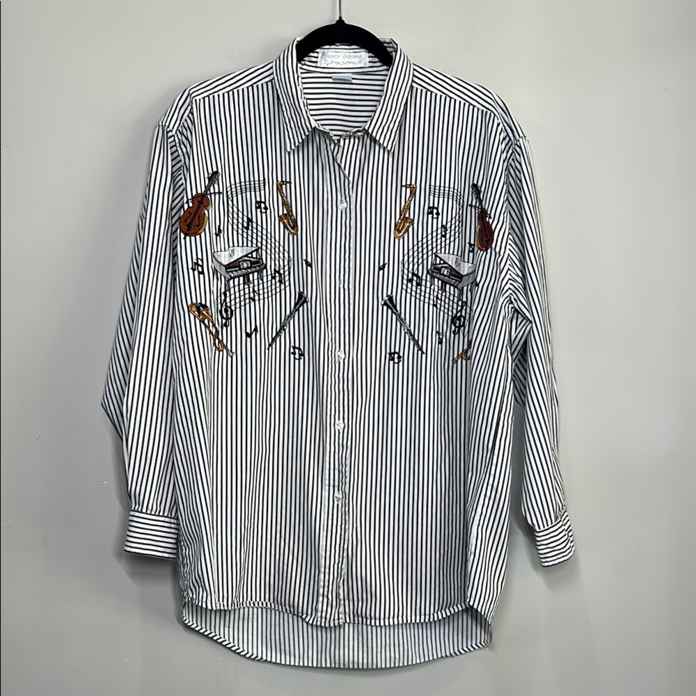 Casey Coleman Embroidered Music Instrument Shirt | Artsy Striped Button-Down Wom